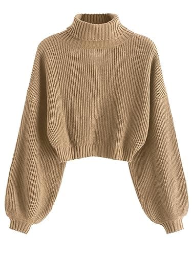 ZAFUL Women's Cropped Turtleneck Sweater Lantern Sleeve Ribbed Knit Pullover Sweater Jumper (2-Tan, M)