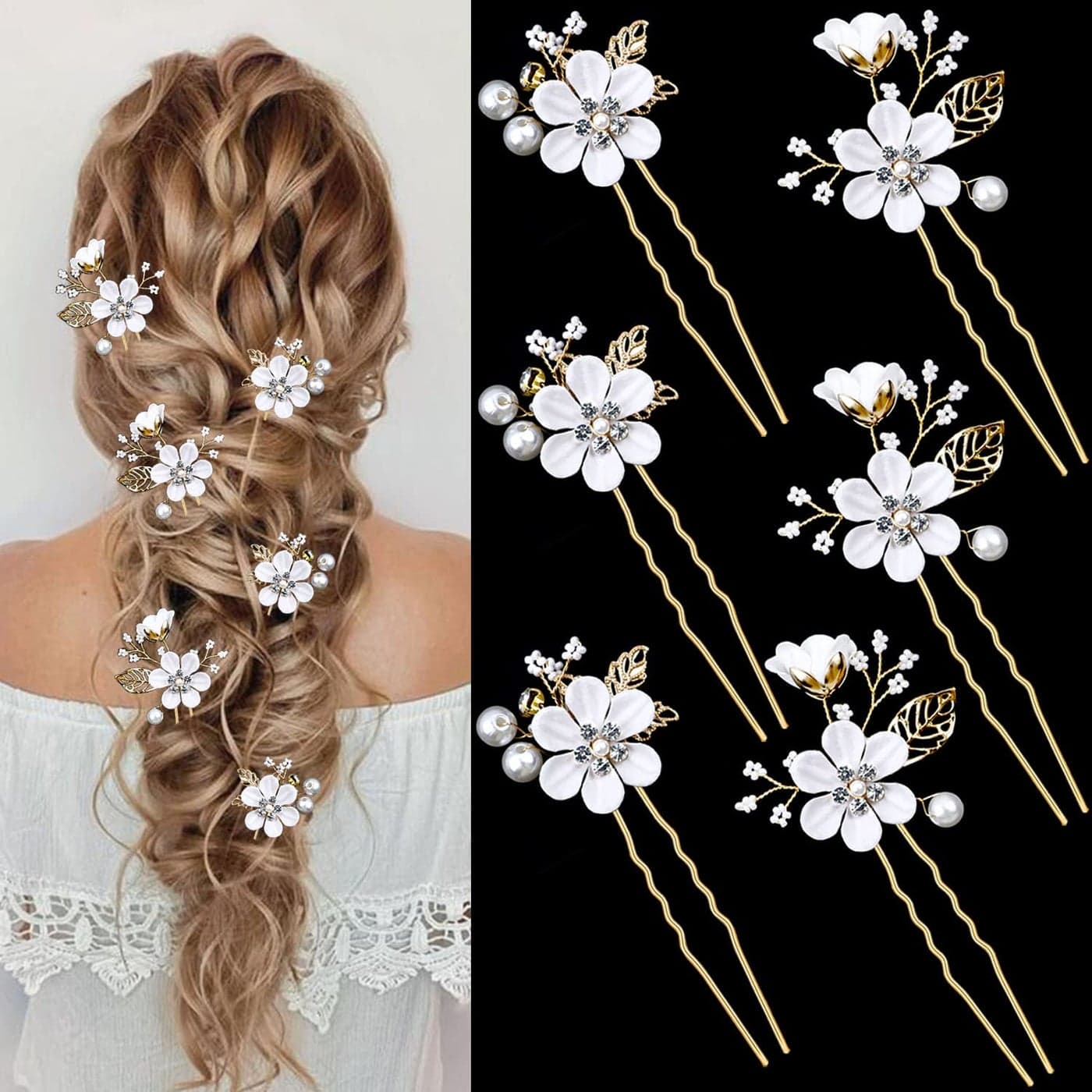 6 PCS Bridal Flower Wedding Hair Pins Crystal Pearl Hair Clips Headpiece Gold Wedding Hair Accessories Jewelry with Rhinestone for Brides Bridesmaids Women Girls Updo Pure White Flower
