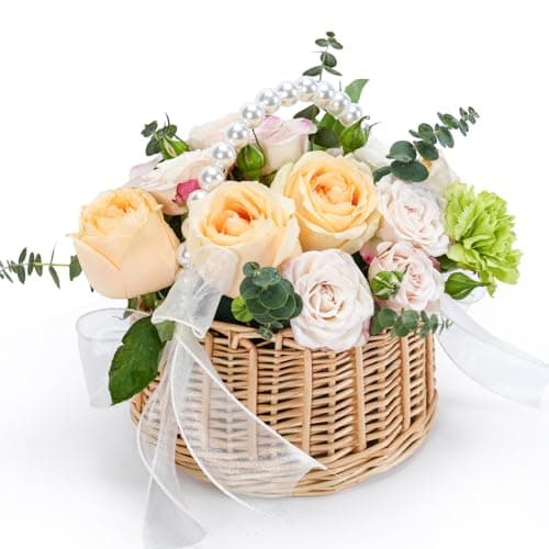 Flower Girl Basket Wicker Rattan Wedding Flower Basket with Pearl Handle Lace Bows and Lining Handwoven Rustic Elegant Small Basket for Wedding Party Home Garden Decoration Outdoor Picnic