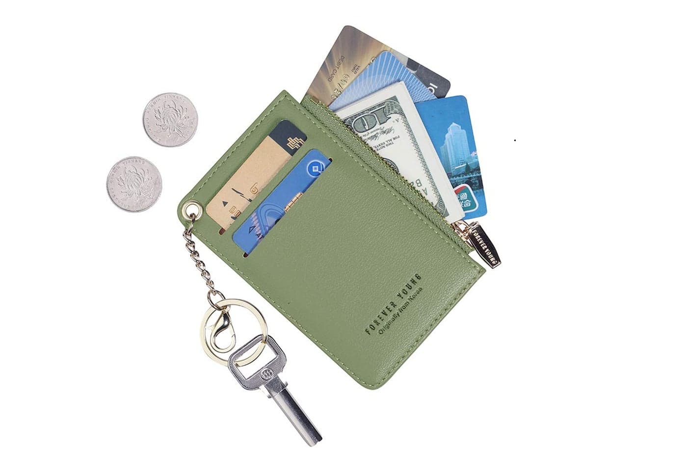 Small Wallets for Women Slim Leather Card Case Holder Wallet Coin Change Purse with Keychain (Green)