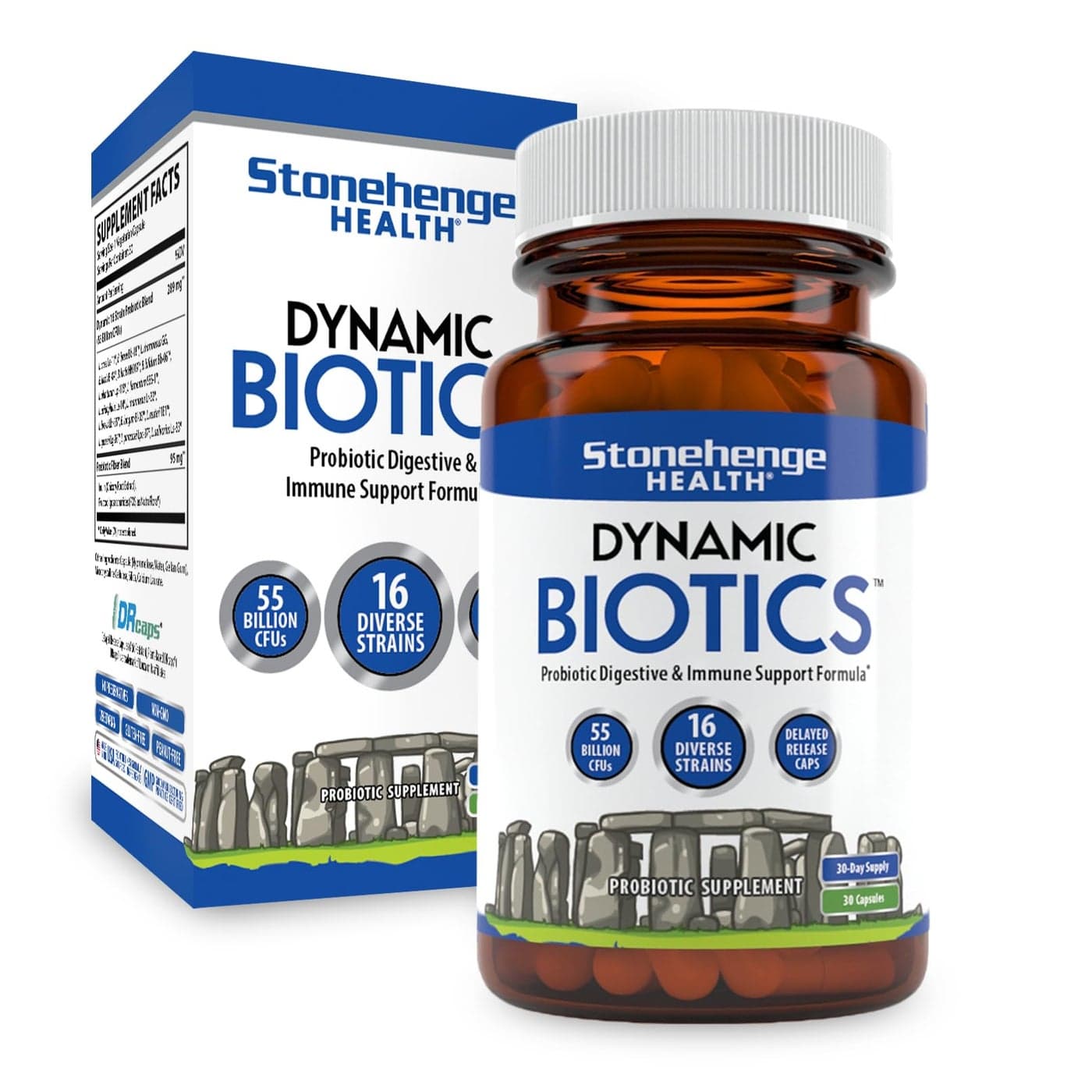 Stonehenge Health Probiotics 55 Billion CFU 16 Strains Prebiotic Synbiotics Dynamic Biotics Lactobacillus Acidophilus Delayed Release Shelf Stable NonGMO Gluten Free Veggie Capsule