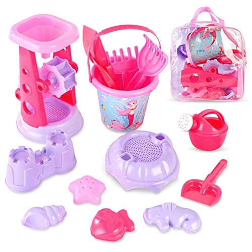 13Piece Pink Princess Beach Sand Toy Set for Girls Sand Playset with Sand Wheel Mermaid Bucket Water Pot Shovels Rakes Molds Zippered Storage Bag for Beach Sandbox Outdoor Play
