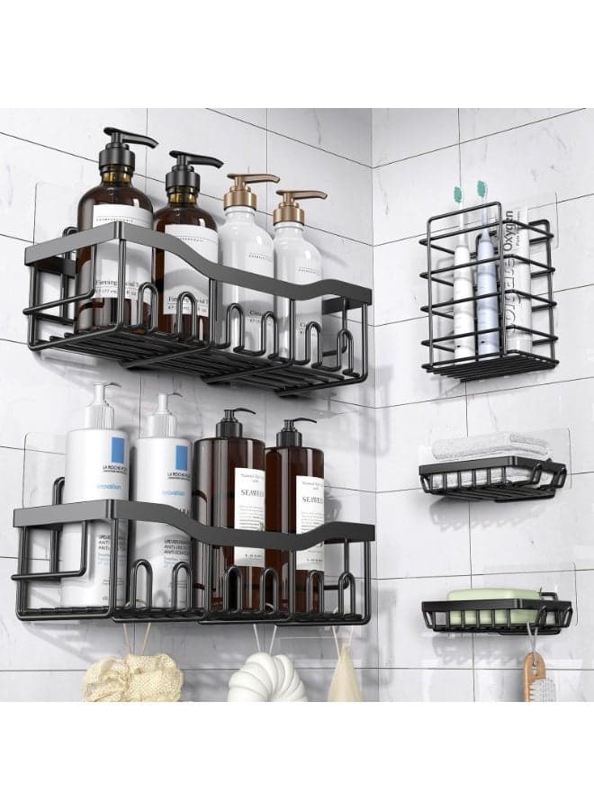 5 Pcs Adhesive Shower Caddy Organizer Set, No Drill Bathroom Shelf Storage Rack, Wall Mounted Shower Organizer with Soap Holder & Toothbrush Holder, Rustproof Black