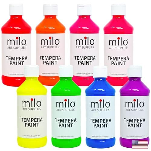 milo Fluorescent Neon Washable Paint 8 oz Bottles 8 Colors Made in the USA Glows UV in Black Light Safe NonToxic Tempera Paint for Art Craft Poster Window Classroom School