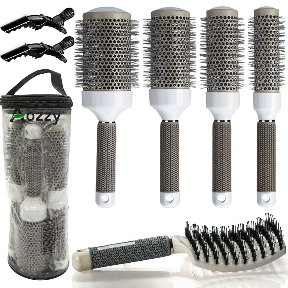 Round Brush Set for Blow Drying with Boar Bristle Vented Curved Detangling Hair Brush Thermal Ceramic Ionic Tech Reduce Frizz Hair Makes Hair More Smooth and Shiny for Curling Straightening
