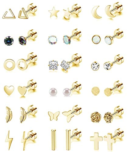 18 Pairs Stainless Steel Stud Earrings Set for Women Men Star Moon flower Heart Leaf Opal 20G Cartilage Earrings Hypoallergenic Flatback Earrings Piercing Jewelry