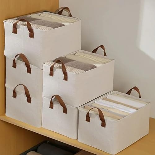 Yellow Weaves 4 Pcs Wardrobe Organizer for Clothes, Foldable Clothes Storage Baskets for Wardrobe, Toys, Books, Saree, Shirts, and Blankets Storage Box with Handles - Beige