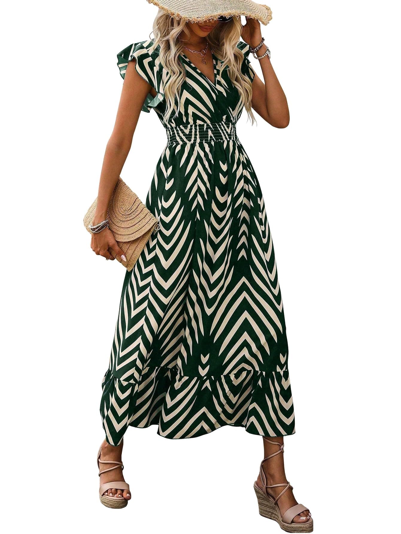 Shasmi Women's & Girl's Green V-Neck Striped Printed Dress with Ruffled Hem and Belted Waist for Vacation, One Piece Dress for Women's Casual Dress (Dress 140 Green-XL)