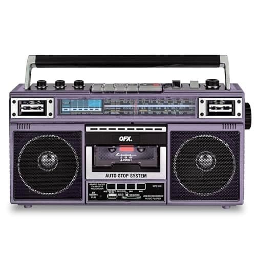 QFX J-220BT Purple Boombox MP3 Conversion from Radio to Cassette with 4-Band (AM, FM, SW1, SW2) Radio with Bluetooth, Dual 3” Speakers, Built-in Microphone, Recorder, and a 3-Band Equalizer
