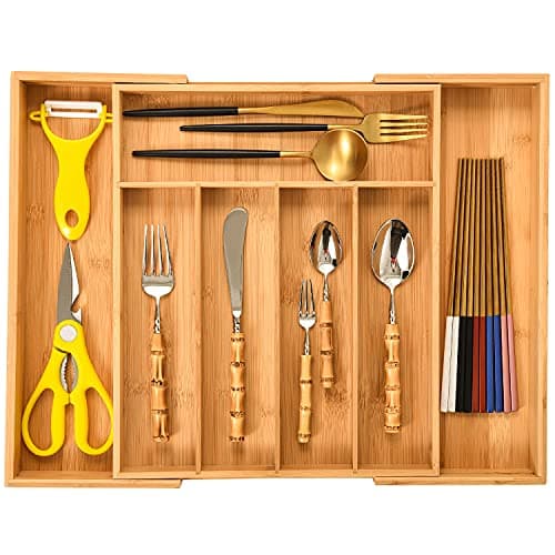 MASS DYNAMIC Cutlery Drawer Organizer Expandable Bamboo Utensil Tray Adjustable Silverware and Flatware Holder Compact Storage for Spoons Forks Knives Ideal for Kitchen and Office Supplies