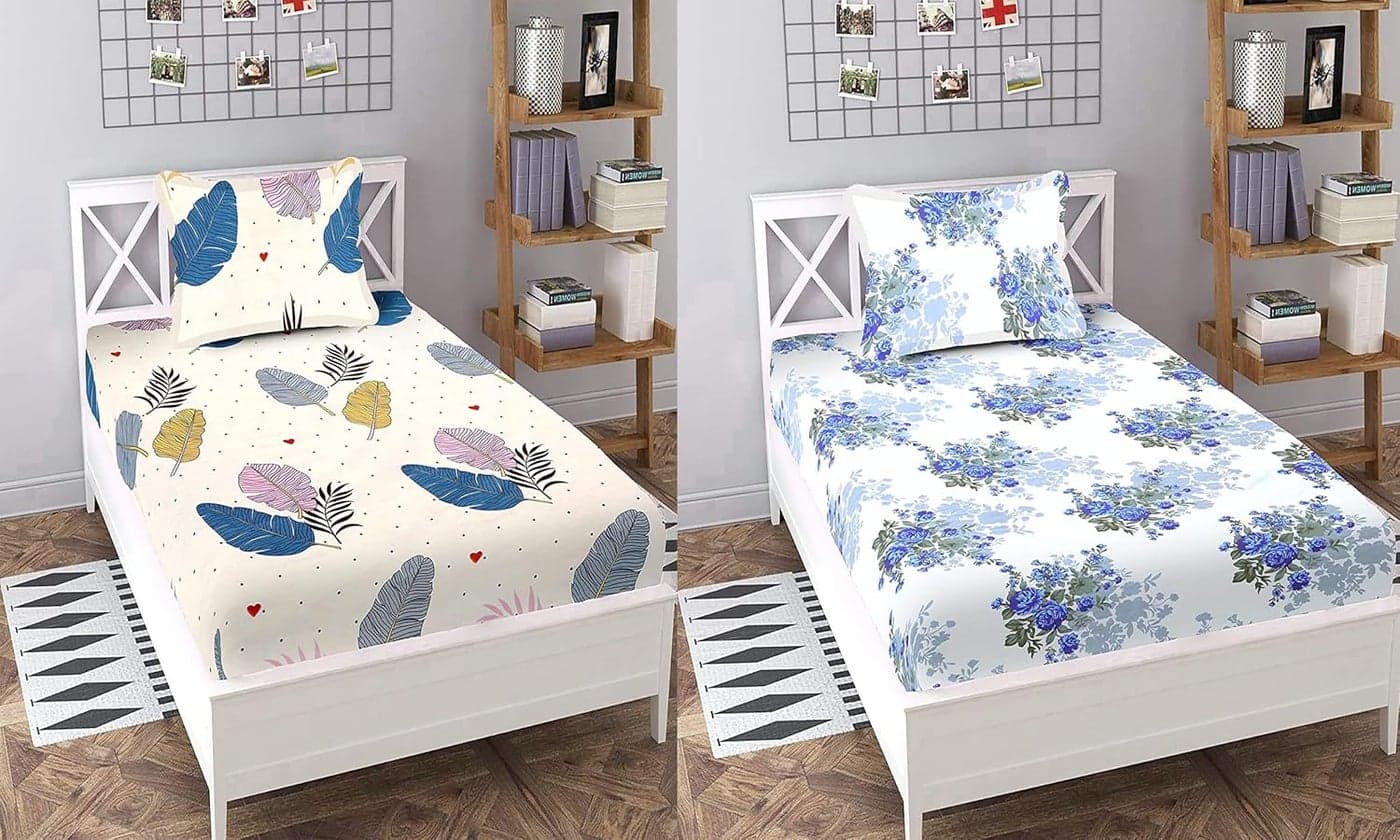 IVAZA Cotton Feel Glace Cotton Combo Pack of 2 Single Bedsheet with 2 Pillow Covers 160 TC Soft Brushed CottonBlend Long Lasting Wrinkle Free 60x90 Inch or 4x6 feet Cream and White