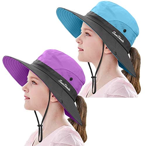 2 Pieces 5-14Y Kids Summer Sun Hat Wide Brim UV Protection for Girls Ponytail Beach Bucket Cap (Purple&Sky Blue)