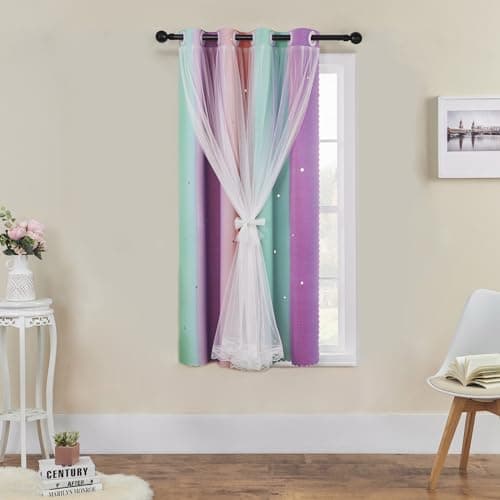 XiDi Unicorn Room Decor for Girls Bedroom, Purple Green Curtains for Kids Rooms, Window Drapes 42 Inchs Long 34 inches Wide 1 Panel