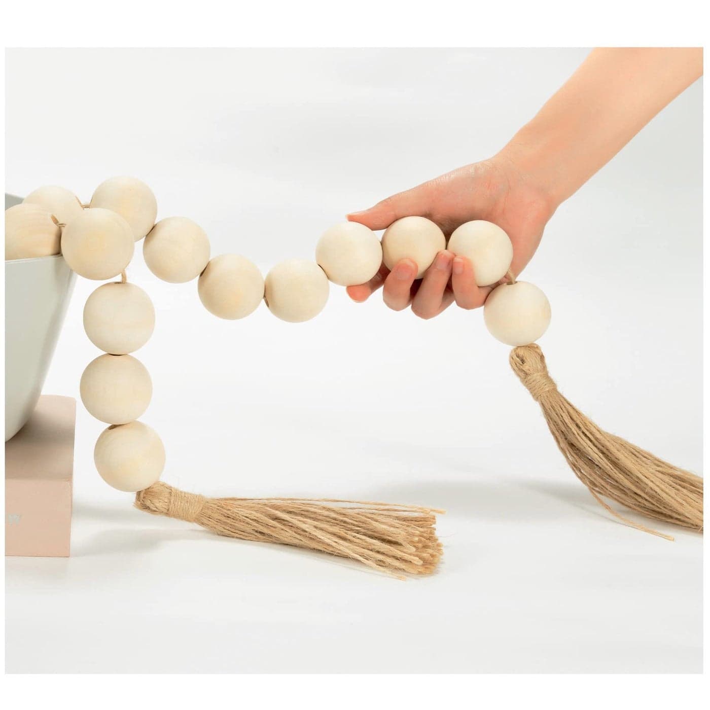 OMISHE Extra Large Wood Bead Garland with 16 Diameter Wooden Beads and Tassels 41 Long Rustic Farmhouse Country Decorative Beads for Home Tiered Tray Decor Natural Beige