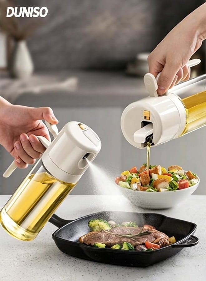 2 in 1 Olive Oil Dispenser Spray and Pour, Oil Spray Bottle, Automatic Cap Dispenser and Olive Oil Sprayer,Non Drip Pour Spout for Air Fryer, Salad and BBQ, Healthy Cooking Gadget (White,550ml)