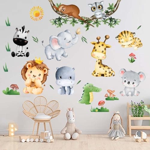 Amimagen Jungle Baby Animals Wall Stickers - Elephant Lion Tiger Giraffe Wall Decals - Nursery Kids Girls Boys Room Daycare Playroom Classroom Wall Decor