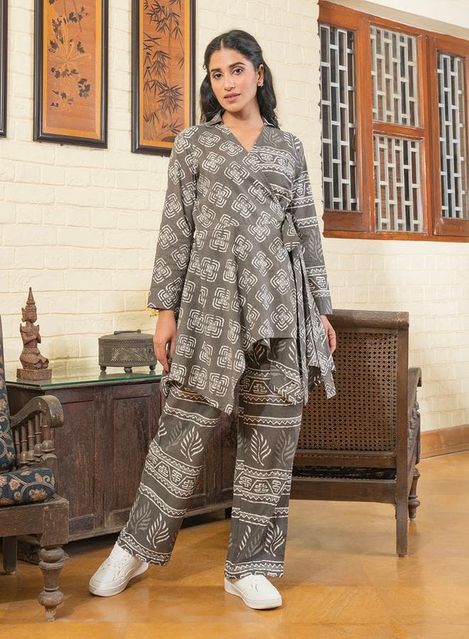 All Over Print Asymmetrical Hem Wrap Top And Pants Co-Ords