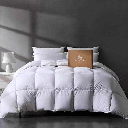 Pacific Coast Luxury White Goose Feather Down Fiber Comforter Queen Size, All Season Hotel Collection Duvet Insert, Ultra Soft, Breathable Bedding Comforter with 8 Corner Tabs, 90x90 Inch White