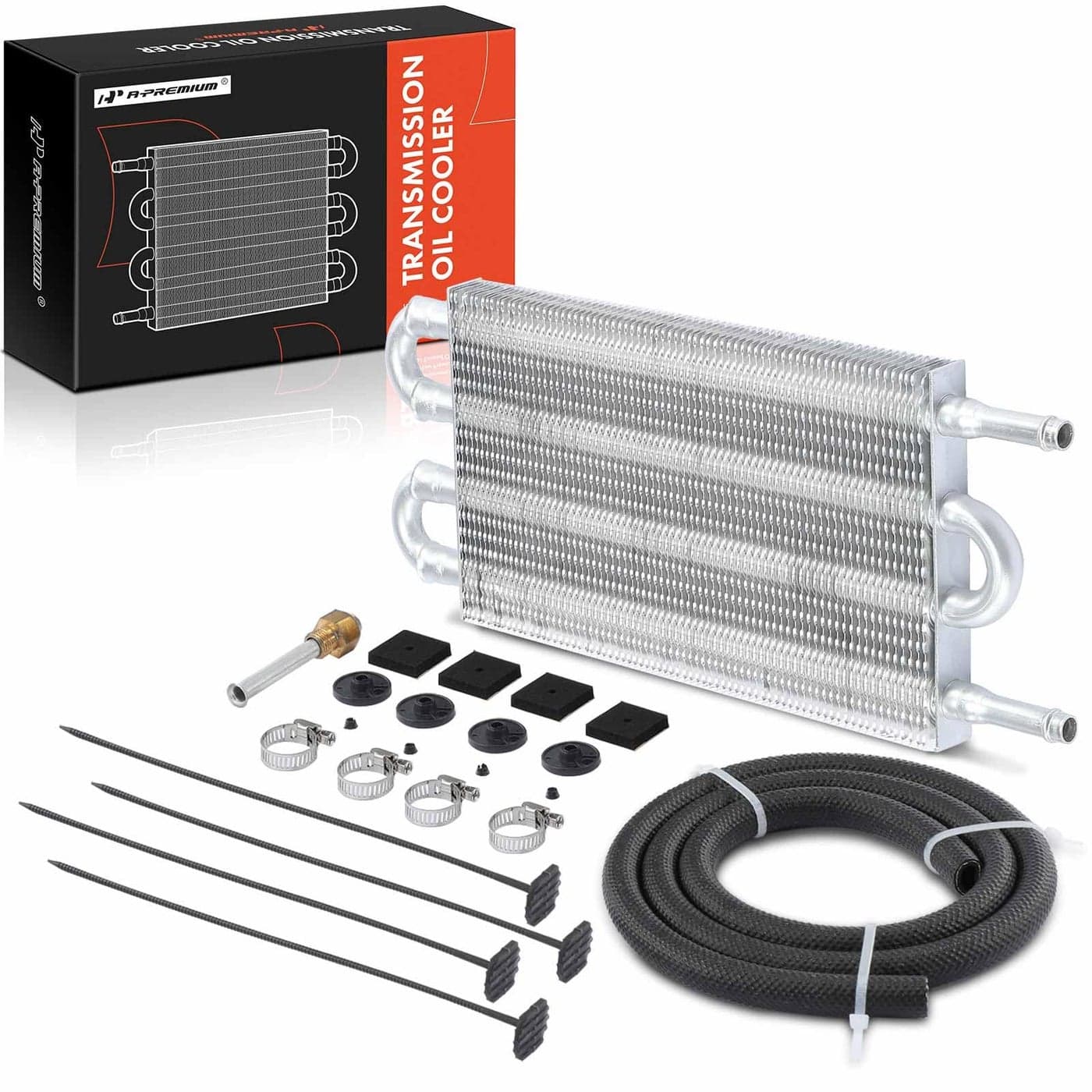 APremium Transmission Oil Cooler Universal Aluminium 4 Pass Tube and Fin Towing Up To 12000 lbs Oil Cooler Kit with Hose Mounting Kit
