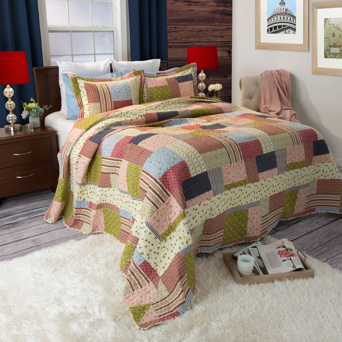 Lavish Home 2Piece Quilt Set Savannah Classic Patchwork Twin Quilt with Pillow Sham Machine Washable Lightweight Bedding Multicolor