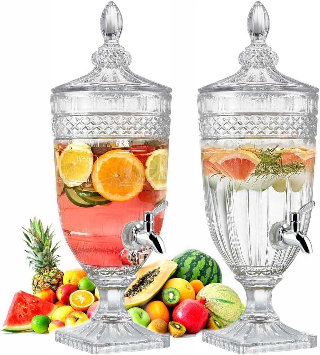 Mevanta 3 Liter Glass Iced Drink Dispenser with Spout & Tap, Glass Lid - Set of 1 Cold Beverage Dispensers for Water,Beer, Cocktails, Detox Drinks, Home & Restaurants,Office,Bar, Party (VM-09)