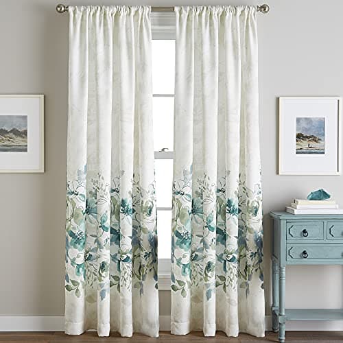 CHF Watercolor Floral Print Single Curtain Panel - Flip Over Rod Pocket Design - 50" x 63", Aqua