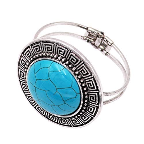 Rosemarie Collections Women's Western Style Large Howlite Stone Hinged Statement Bangle Bracelet (Round Aztec Turquoise)