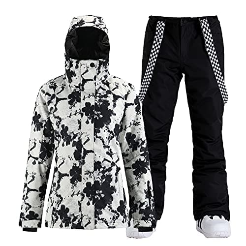 GSOU SNOW Womens Ski Jackets and Pants Snowboarding Snowsuit Coat Hooded Waterproof Windproof Insulated,Black Flower White,M