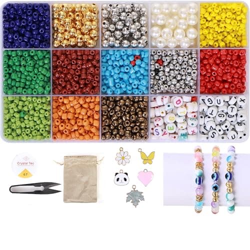 Ambitieux 15-Compartment Bracelet Making Kit with 6/0 Seed Beads – 1400+ Colorful Including Metallic, Pearl, Alphabet & Charms – DIY Jewelry Making Set for Kids with Elastic Thread, Cutter & Pouch Birthday 1 2 3 4 5 6 7 8 9 age years (Seed Beads)