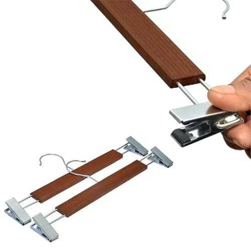 BLOOMAX® 12 Pcs Wooden Pant Hangers – Walnut Finish, 34 cm, Adjustable Chrome Clips, Non-Slip & Space Saving for Trouser, Skirt, Saree (Durable, Made in India)