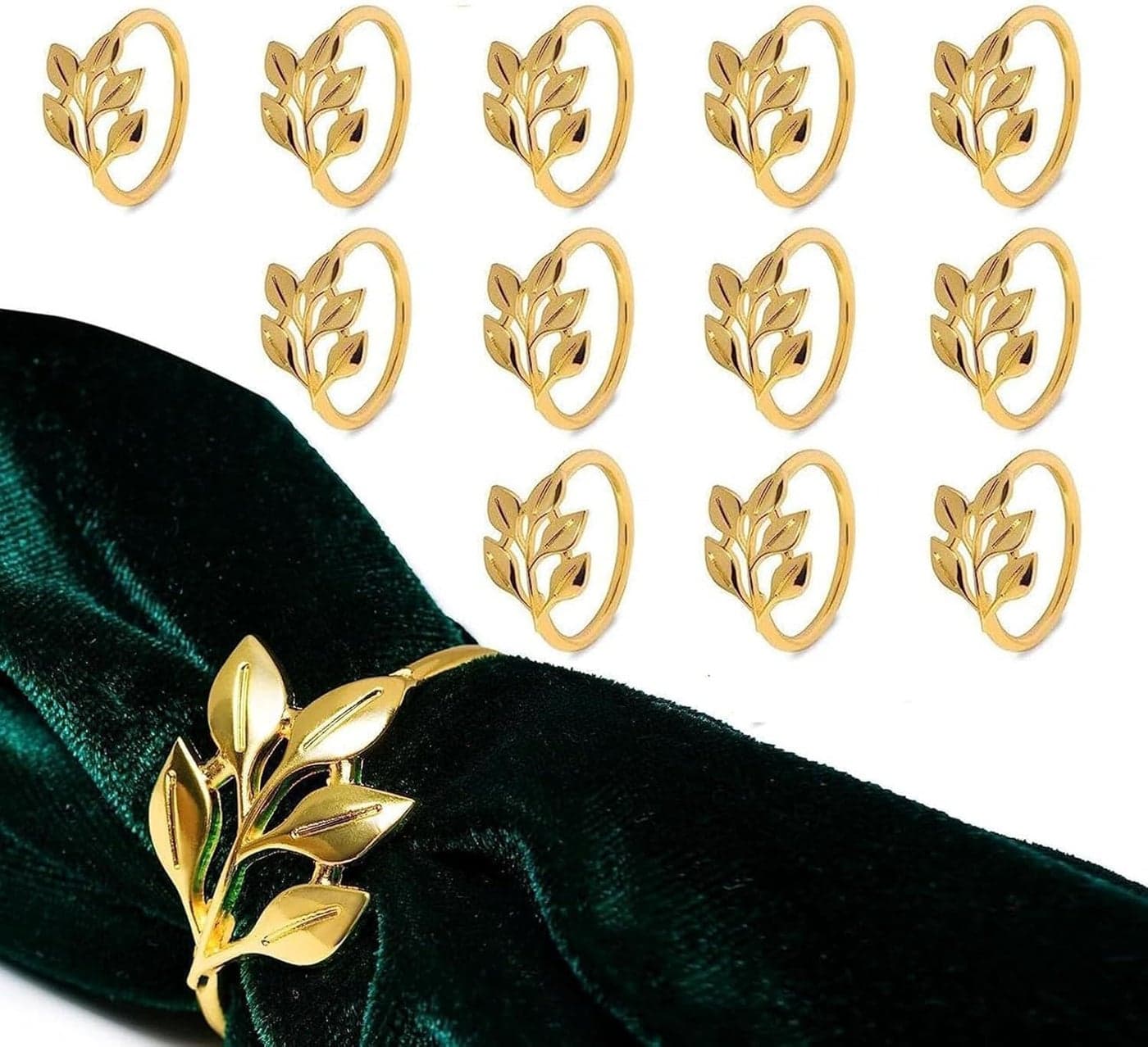 12Pcs Gold Napkin Rings Set, Leaf Design Metal Napkin Holders for Cloth Napkins, Fall Wedding Fiesta Dinner Table Decorations, Elegant Napkin Ring Set for Autumn Easter Holiday Parties