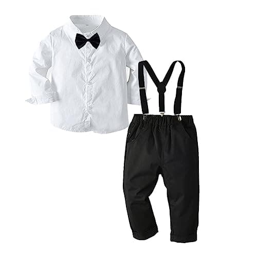Toddler Boys Gentleman Outfits Suits, Baby Long Sleeve Shirt Party Clothes Set+ Suspender Pants +Bow Tie