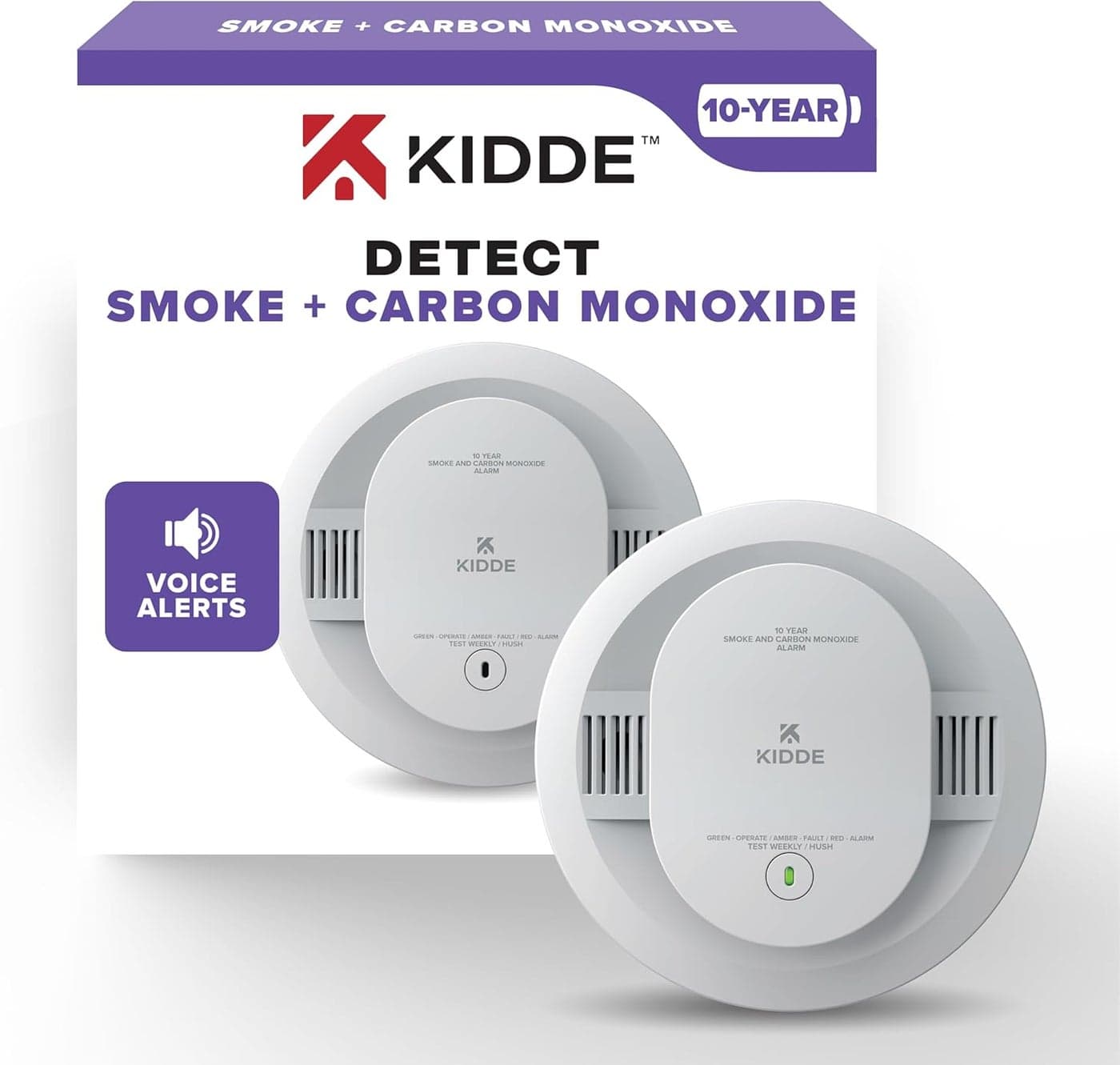 Kidde Smoke Carbon Monoxide Detector 10Year Battery Powered Voice Alerts LED Warning Light Indicators