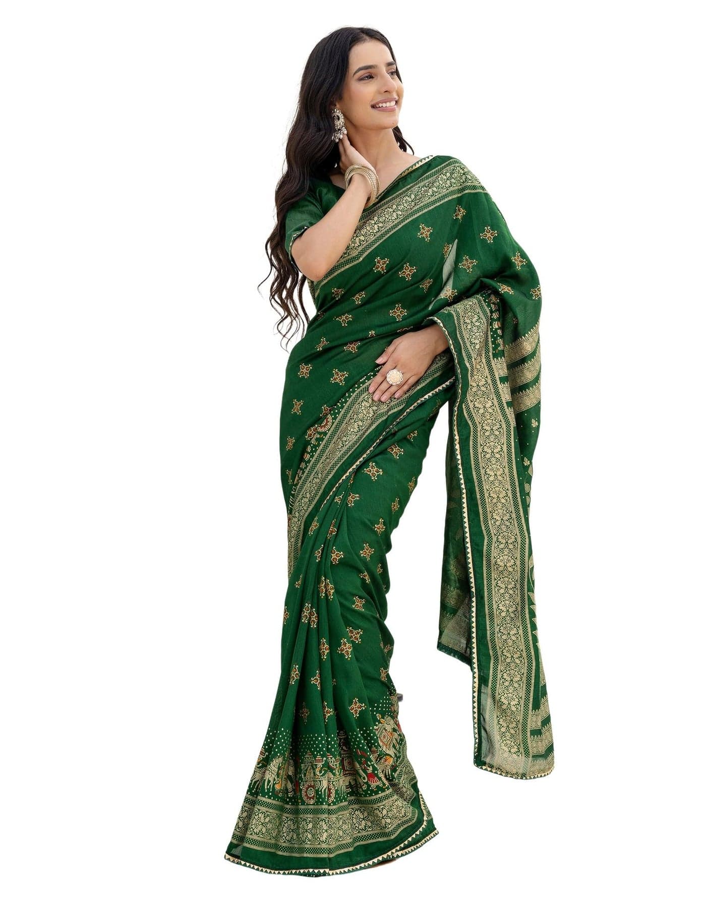 SIRIL Women's Soft Silk Gotta Patti Foil Printed Saree with Unstitched Blouse Piece (4737S503_Green)