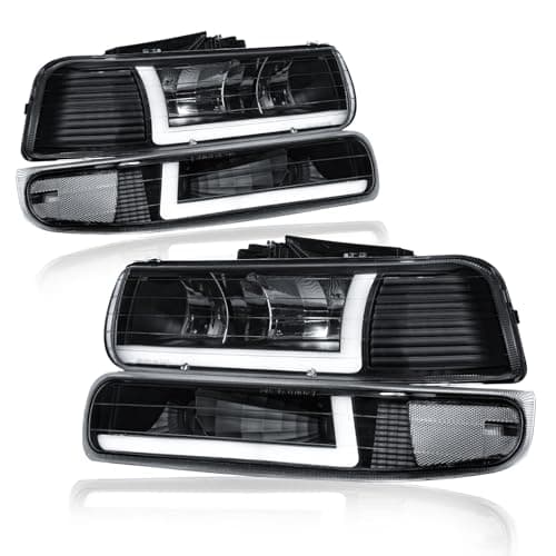 Fullux LED DRL Headlights Assembly fit 1999-2002 Chevy Silverado 1500 2500 1500HD 2500HD 3500/2000-2006 Tahoe Suburban 1500 2500 Replacements Black Housing Clear Reflector