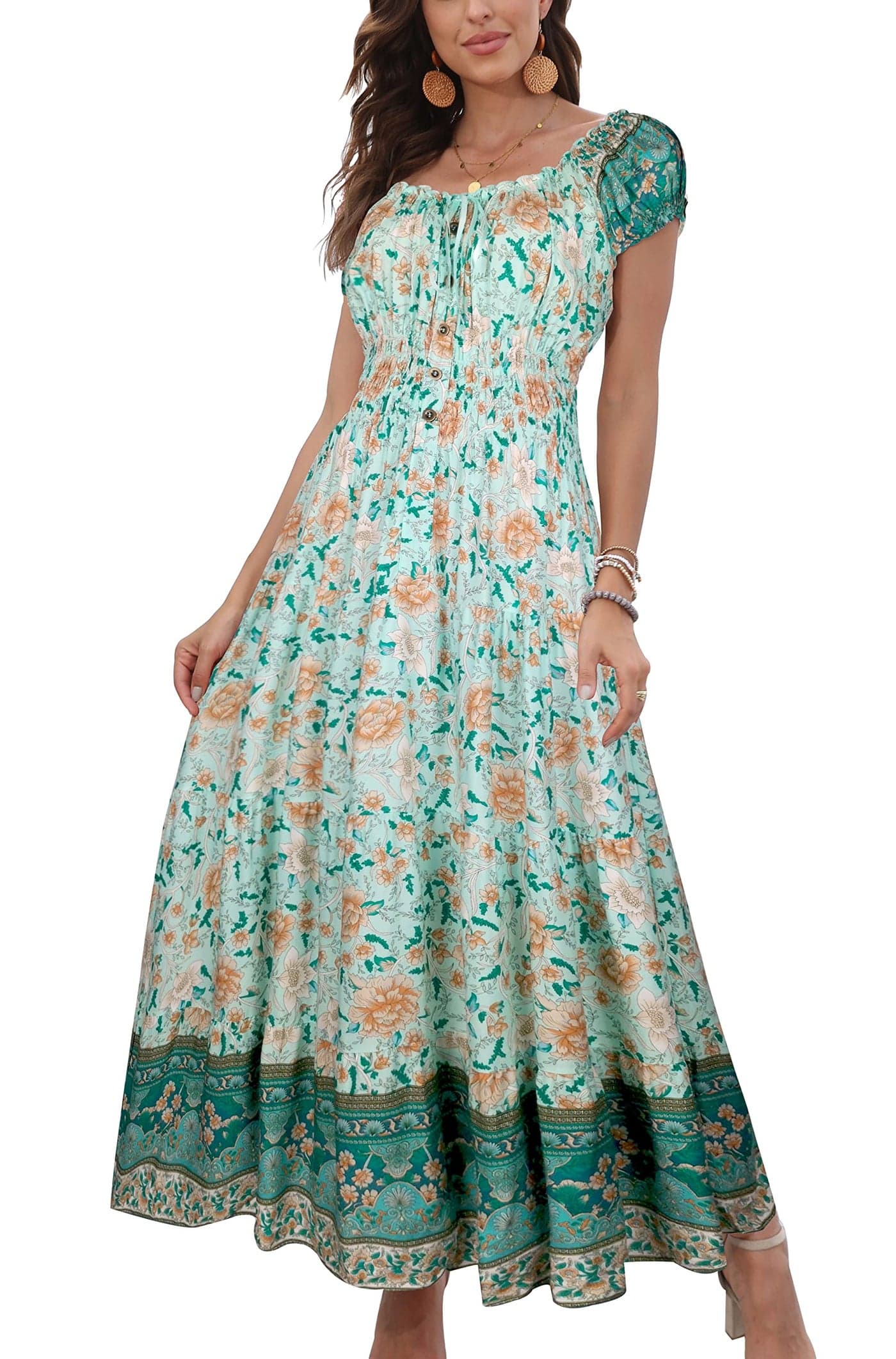 OSTOO Women's 2025 Summer Short Sleeves Boho Floral Print Tiered Casual Flowy Long Maxi Dress(Green,S)