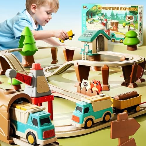 iPlay iLearn 62PCS Kids Construction Track Toy Train Set Electric Motorized Magnetic Truck Toy WTractor Crane Forest Railway Engineering Building Playset Birthday Gift 3 4 5 6 7 Boy Girl Toddler