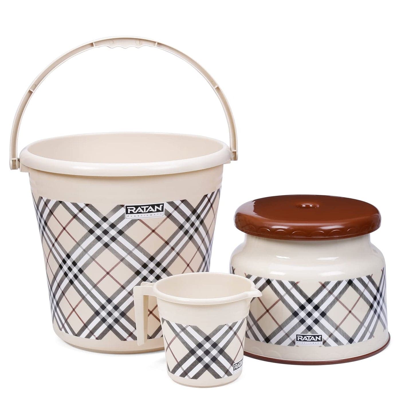 RATAN PLASTICWARE Plastic Bathroom Set of 3 Combo 18L Bucket x 1 1L Mug x 1 Nova Patla Stool 107 x 1 Bath Sets for Home Kitchen Hotels Hostel Hospital Frosty Checks Print Beige