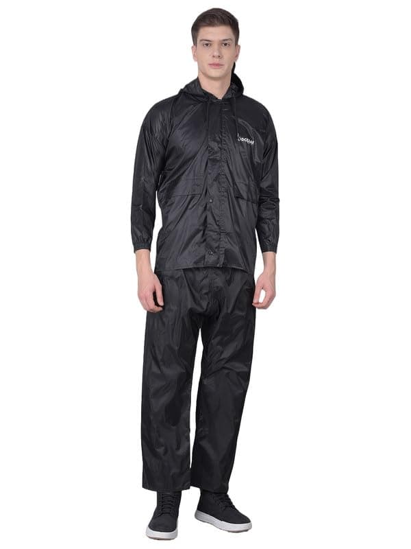 Dollar Rainguard Men's PVC Full Sleeve Solid Raincoat Set With Adjustable Hood and Pocket (8905203722884_MDPR-104-BLK-PO1_XXL)