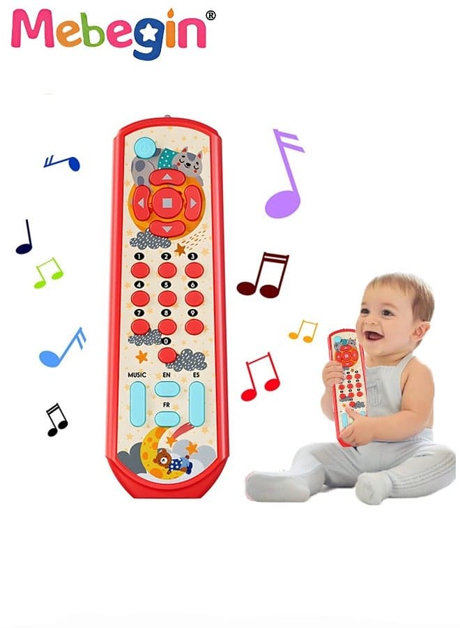 Musical TV Remote Control Toy, Baby Remote Play Toy with Light and Sound, Early Multi-Language Educational Sensory Learning Toys Gifts for Boys Girls 18 Month+, Red