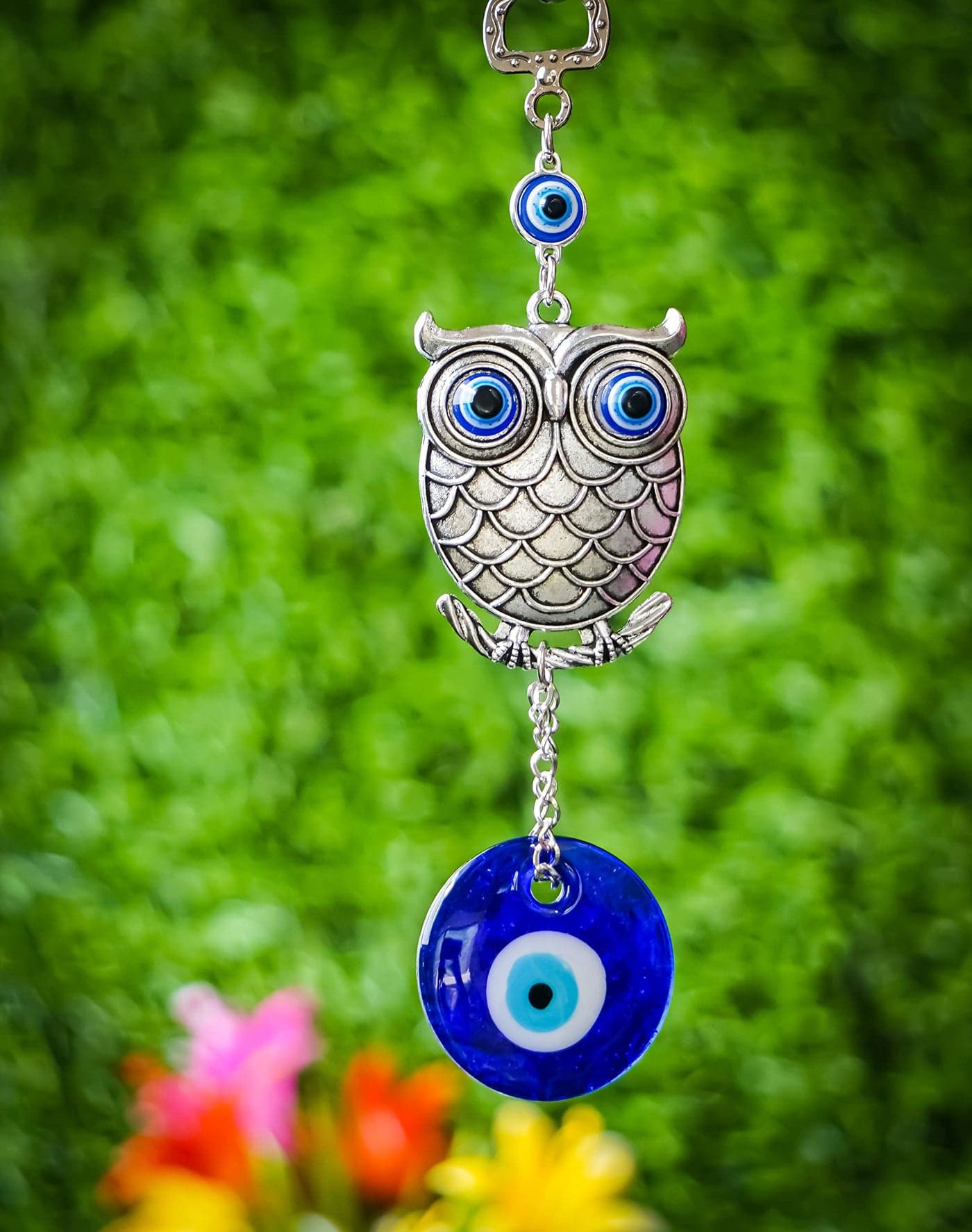 DT DECTONE Metal Owl Evil Eye Wall Hanging | Nazar Battu Showpiece For Home, Office, House | Protection And Good Luck Charm Gift In A Box | Hanging Ornament Ee-1501, Silver