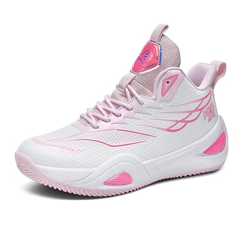 BEMYGREENBAG Men Women Basketball Shoes Shock Absorbent Wear Resistant Sports Shoes Fashion Light Running Shoes White-Pink Size 6.5