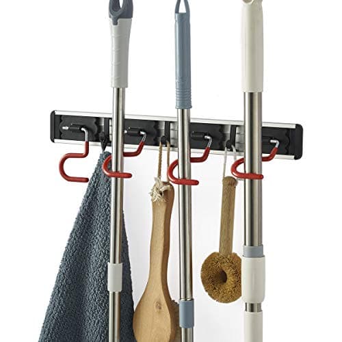 MOYODOR Wall Mounted Mop and Broom Holder Stainless Steel S Type Broom Rack Anti-Slip Mop Organizer (17 Inches,4 Positions 3 Hooks, Red black) (17inch)