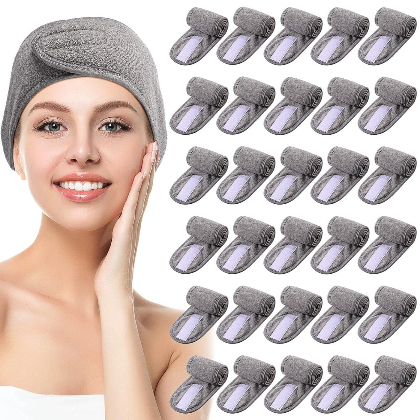 Hoteam 30 Pack Spa Headband Facial Esthetician Hair Wrap for Women Adjustable Makeup Sports Shower Stretch Towel with TapeGray