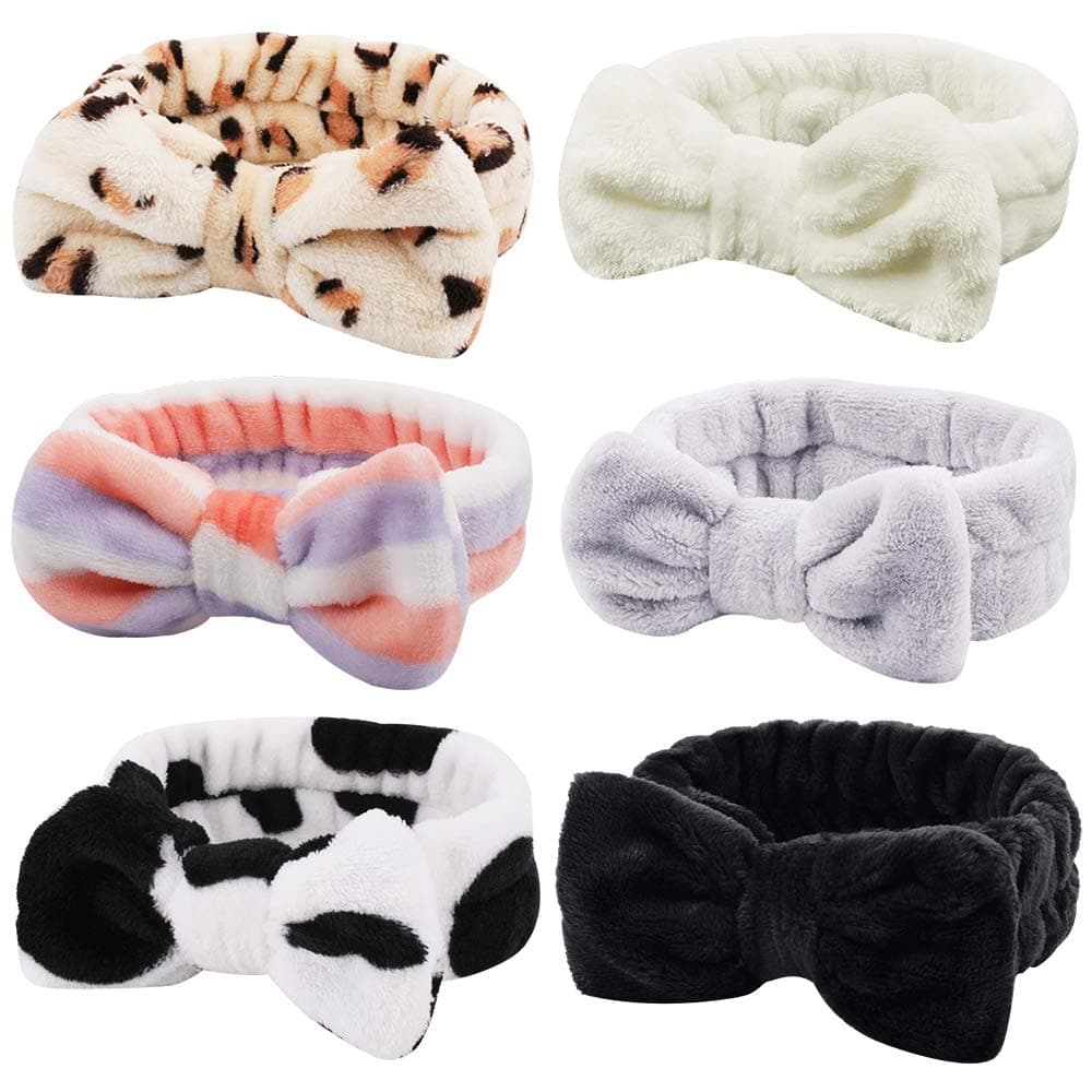 Ondder Spa Terry Cloth Headbands 6 Pcs Fuzzy Skincare Head Bands for Face Washing Makeup Removal and Skin Care Cute Bow Hair Bands for Women