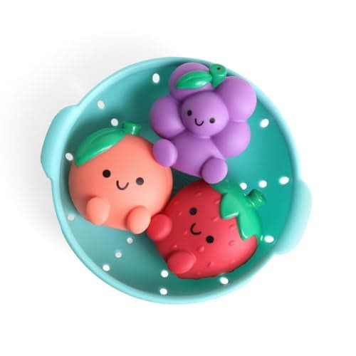 Itzy Ritzy Bath Squirter Toys Set of 3 Textured FruitShaped Bath Toys 1 Sprinkle Strainer Itzy Splash Pals Promote Sensory Play Cause Effect Motor Skill Development 6 Mos Up Fruit
