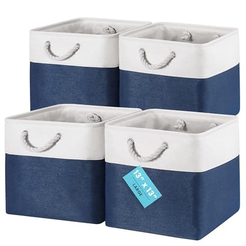 OrganiHaus 12x12 Cube Storage Bins 4 Pack Foldable Cube Storage Organizer w Rope Handles Collapsible Fabric Bins for Toys Clothes Closet Organization Fabric Square Baskets Navy Blue