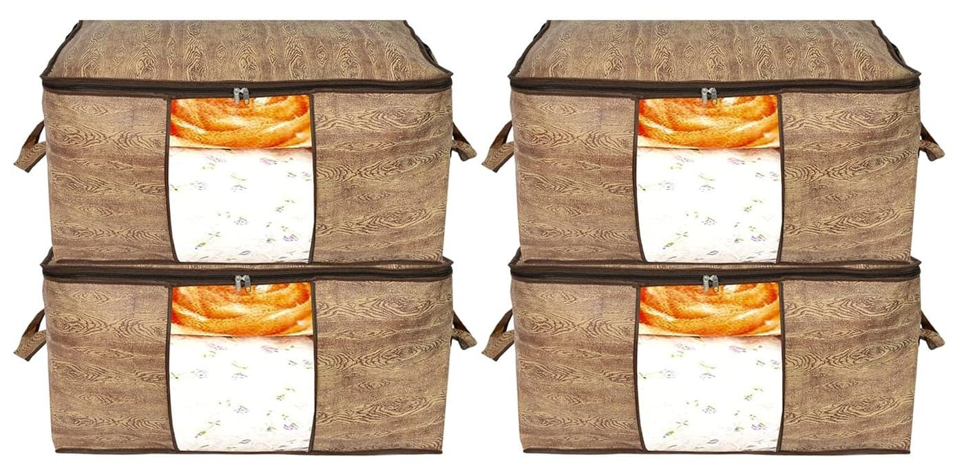 Kuber Industries Wooden Print Foldable Clothes Storage Bag Wardrobe Organizer Non Woven Fabric for ComfortersBlanketsBedding with Sturdy ZipperClear Window Set of 4Brown