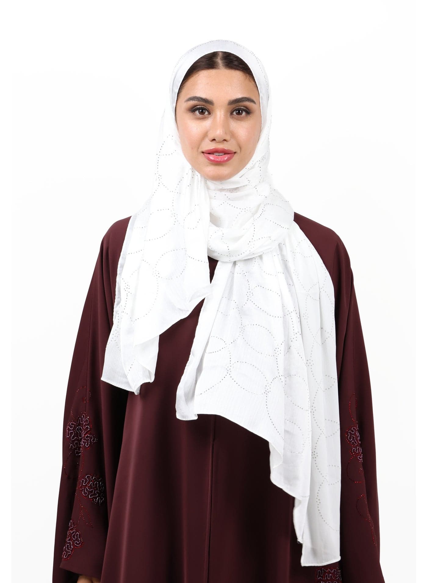 Luxury Muna Satin Embellished Scarf with Strass Detailing (Pure White)