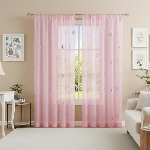 Jubilantex Pink Butterfly Sheer Curtains Gold Print Drapes for Baby Girls Nursery, Kids Bedroom 84 Inch Long Toddler Linen Textured Curtain Rod Pocket Window Treatment Sets, 2 Panels